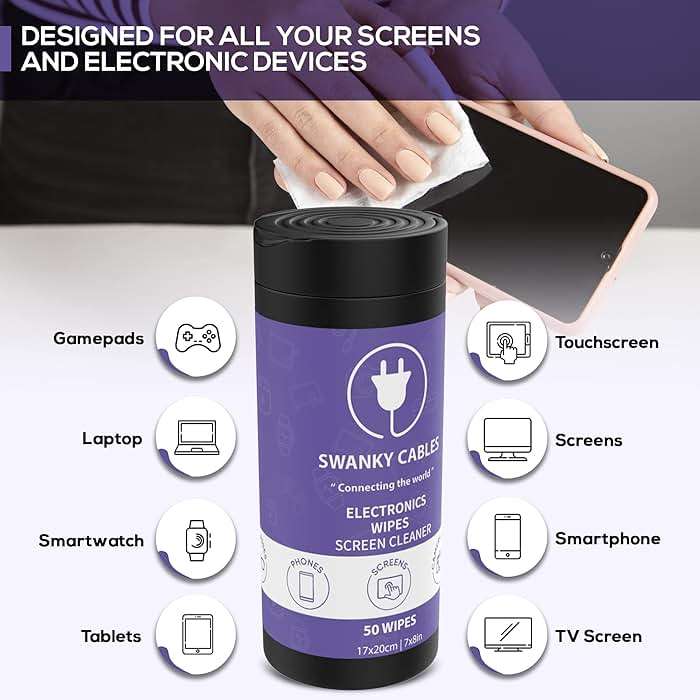Swanky Cables Screen Cleaner Wipes: Electronic Wipes for Screens - Computer Screen Wipes for Lens, Phone, Tv Screen and Monitor Cleaning - Tech Wipes & Microfiber Cloth (Canister, 200 Count) - Image 2