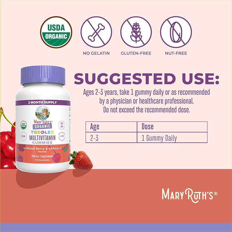 MaryRuth's Toddler Multivitamin Gummies | USDA Organic | 2 Month Supply | Kid & Toddlers Age 2+ Daily Multivitamin: Vitamin C, D3, Zinc | Kids Vitamins | Only 1 Gummy Per Day | 60 Ct (60 Day Supply) - Image 3