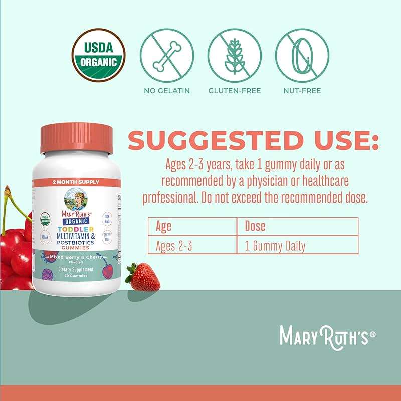 MARYRUTH'S Organics Toddler Multivitamin Gummies + Postbiotics | USDA Organic | Vitamins for Kids Ages 2+ | Immune Support | Vitamin C | Vitamin D3 | Vitamin A | Zinc | Vegan | Non-GMO | 60 Servings - Image 3