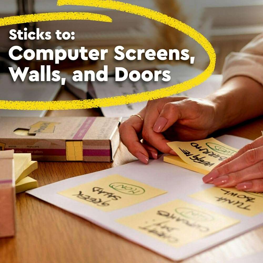 Post-it 100% Recycled Paper Super Sticky Notes, Canary Yellow, 3 in. x 3 in., 5 Sticky Note Pads, 70 Sheets per Pad, Back to School Supplies and Office Products - Image 5