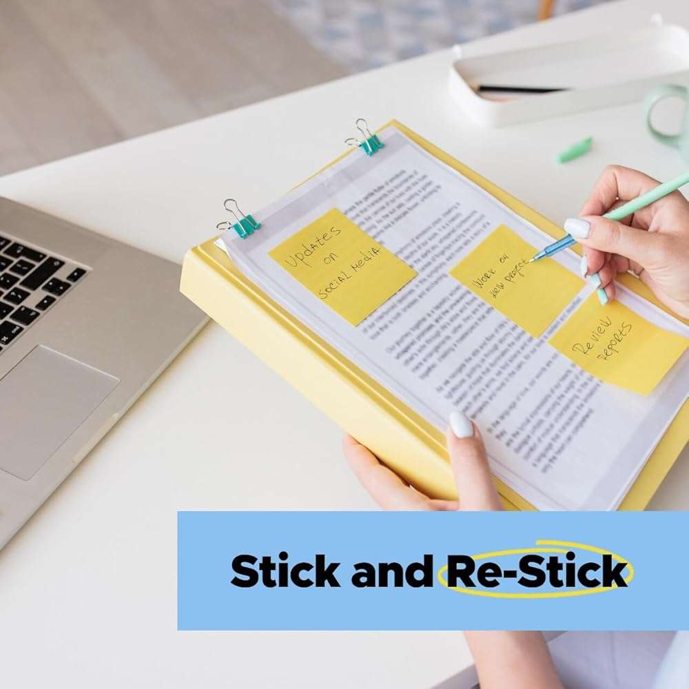Post-it 100% Recycled Paper Super Sticky Notes, Canary Yellow, 3 in. x 3 in., 5 Sticky Note Pads, 70 Sheets per Pad, Back to School Supplies and Office Products - Image 9