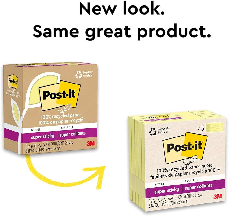 Post-it 100% Recycled Paper Super Sticky Notes, Canary Yellow, 3 in. x 3 in., 5 Sticky Note Pads, 70 Sheets per Pad, Back to School Supplies and Office Products - Image 10