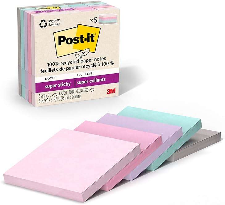 Post-it 100% Recycled Paper Super Sticky Notes, 3 in. x 3 in., 5 Pads, 70 Sheets per Pad, Wanderlust Pastels, Back to School Supplies and Office Products - Image 1