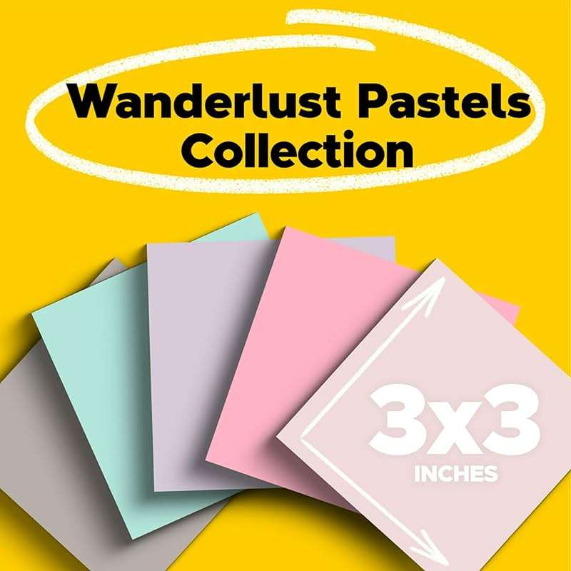 Post-it 100% Recycled Paper Super Sticky Notes, 3 in. x 3 in., 5 Pads, 70 Sheets per Pad, Wanderlust Pastels, Back to School Supplies and Office Products - Image 2