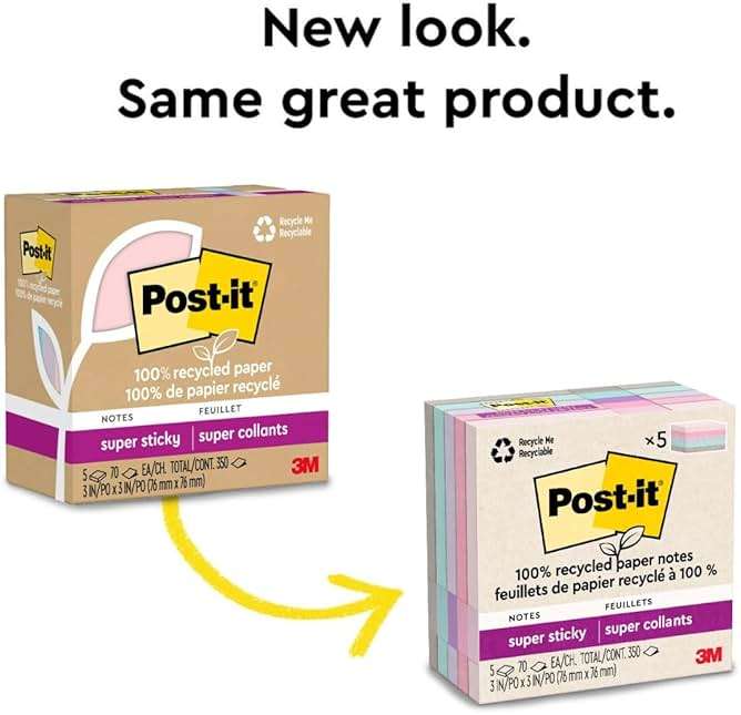 Post-it 100% Recycled Paper Super Sticky Notes, 3 in. x 3 in., 5 Pads, 70 Sheets per Pad, Wanderlust Pastels, Back to School Supplies and Office Products - Image 9
