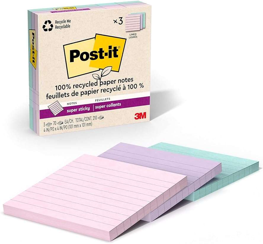 Post-it 100% Recycled Paper Super Sticky Notes, 4 in. x 4 in., 3 Pads, 70 Sheets per Pad, Wanderlust Pastels, Back to School Supplies and Office Products - Image 1