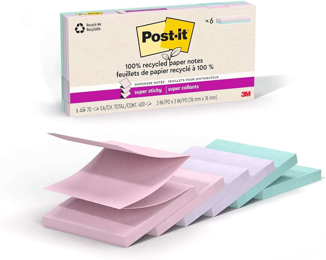 Post-it Super Sticky 100% Recycled Pop-up Notes, 3 in. x 3 in., 70 Sheets, 6 Pads, Wanderlust Collection, Back to School Supplies and Office Products - Image 1