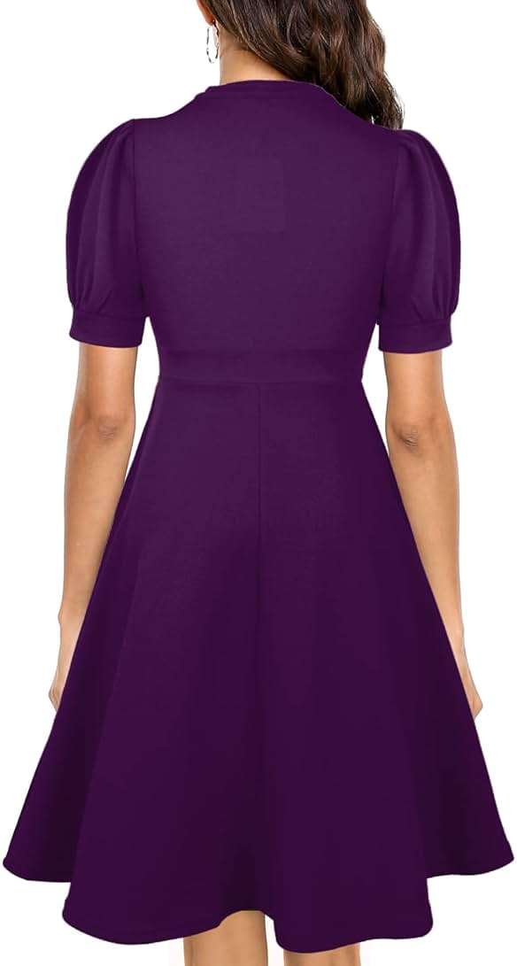 Mokayee Womens Summer Short Puff Sleeve Casual Semi-Formal Fit and Flare Church Wedding Guest Work Dresses with Pockets - Image 2