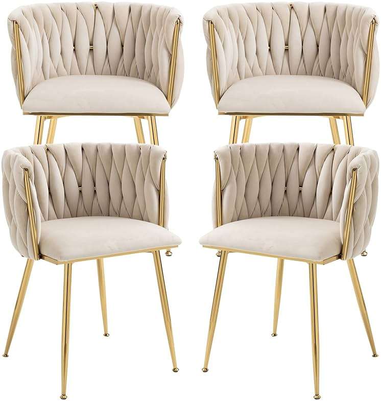 Nrizc Velvet Dining Chairs Set of 4, Woven Upholstered Dining Chairs with Gold Metal Legs, Modern Accent Chairs for Living Room, Dining Room, Kitchen - Image 1