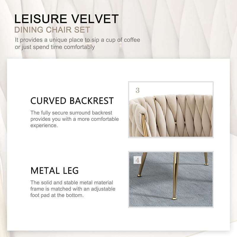 Nrizc Velvet Dining Chairs Set of 4, Woven Upholstered Dining Chairs with Gold Metal Legs, Modern Accent Chairs for Living Room, Dining Room, Kitchen - Image 6