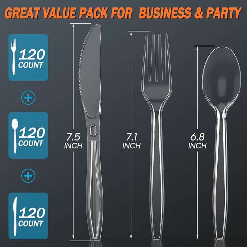 360 Count Plastic Silver Ware Heavy Duty, 120 Forks, 120 Spoons, 120 Knives, Heat Resistant & BPA Free Disposable SilverWare, Disposable Cutlery set, Premium Clear Utencils for Party Supply - Image 2