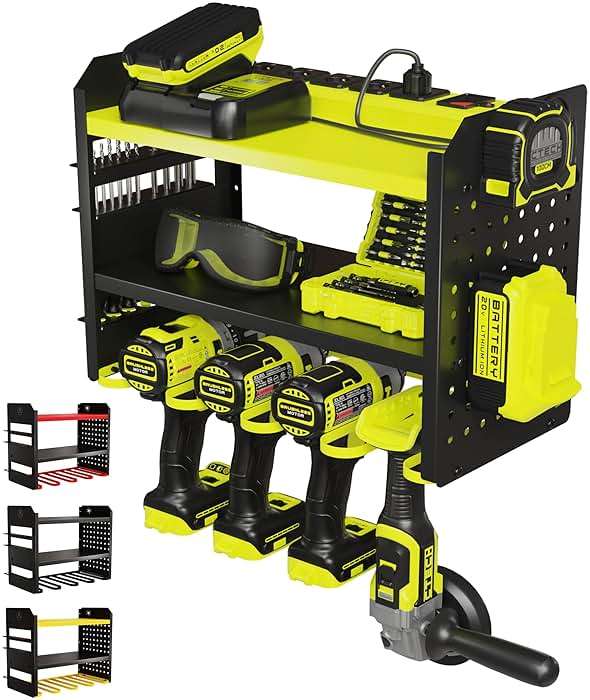 BUILTSTRONG Power Tool Organizer Wall Mount – 3-Tier Heavy-Duty Steel Rack, 4 Drill Slots, Pegboard + Utility Side, 100 lb Capacity – Garage, Workshop & Shed Storage (Green) - Image 1