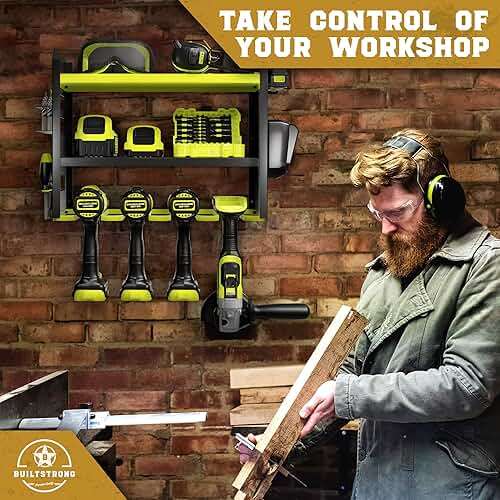 BUILTSTRONG Power Tool Organizer Wall Mount – 3-Tier Heavy-Duty Steel Rack, 4 Drill Slots, Pegboard + Utility Side, 100 lb Capacity – Garage, Workshop & Shed Storage (Green) - Image 2