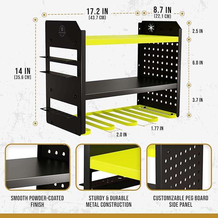 BUILTSTRONG Power Tool Organizer Wall Mount – 3-Tier Heavy-Duty Steel Rack, 4 Drill Slots, Pegboard + Utility Side, 100 lb Capacity – Garage, Workshop & Shed Storage (Green) - Image 3