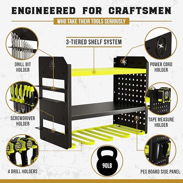 BUILTSTRONG Power Tool Organizer Wall Mount – 3-Tier Heavy-Duty Steel Rack, 4 Drill Slots, Pegboard + Utility Side, 100 lb Capacity – Garage, Workshop & Shed Storage (Green) - Image 4
