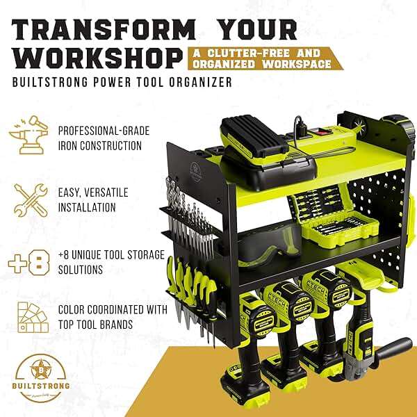 BUILTSTRONG Power Tool Organizer Wall Mount – 3-Tier Heavy-Duty Steel Rack, 4 Drill Slots, Pegboard + Utility Side, 100 lb Capacity – Garage, Workshop & Shed Storage (Green) - Image 5