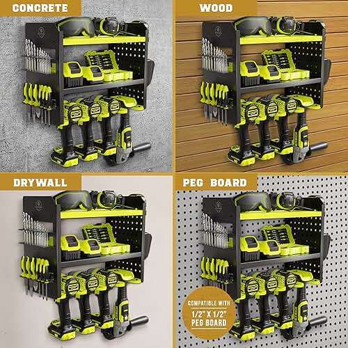 BUILTSTRONG Power Tool Organizer Wall Mount – 3-Tier Heavy-Duty Steel Rack, 4 Drill Slots, Pegboard + Utility Side, 100 lb Capacity – Garage, Workshop & Shed Storage (Green) - Image 6