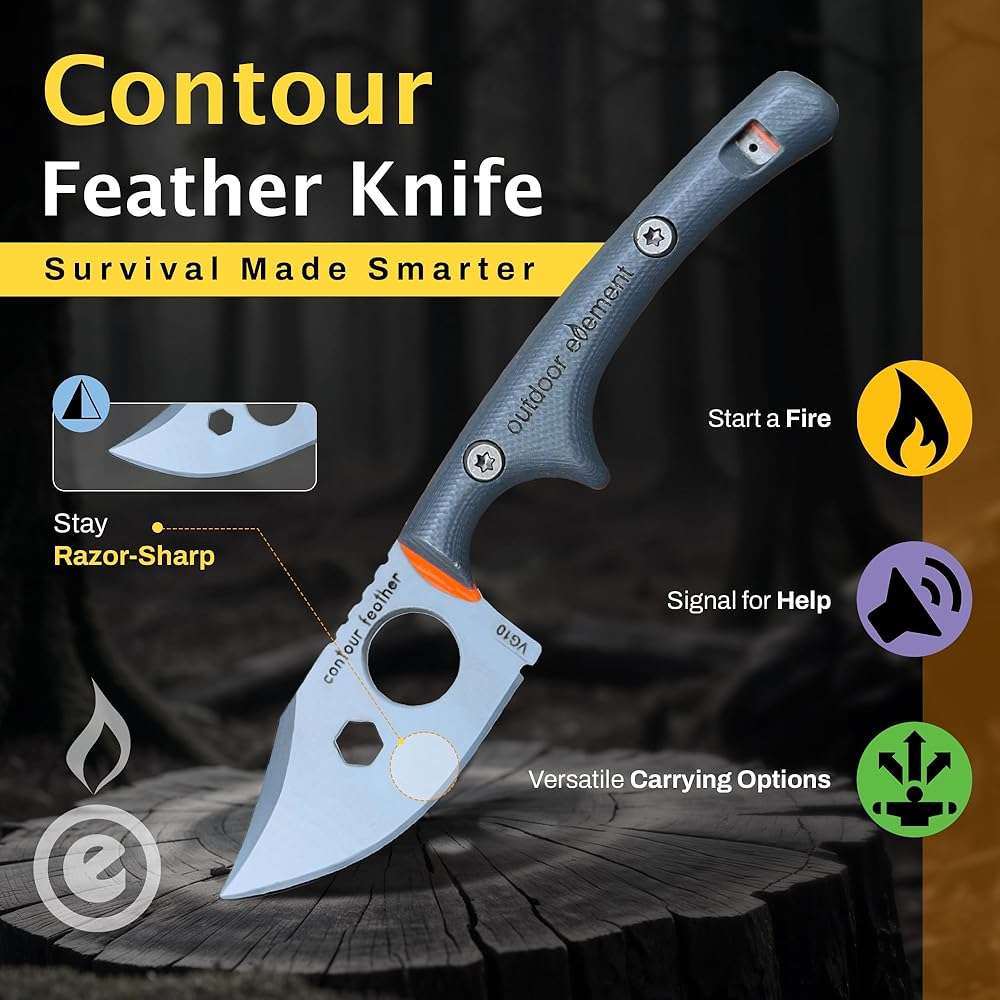 OUTDOOR ELEMENT Contour Feather Adventure Survival Knife - Fixed Blade, Hunting, Camping Knife with Fire Starter, Sharpener, Whistle, Hex Driver, Sheath - Full Tang, VG10 Steel, Belt Clip - Image 2