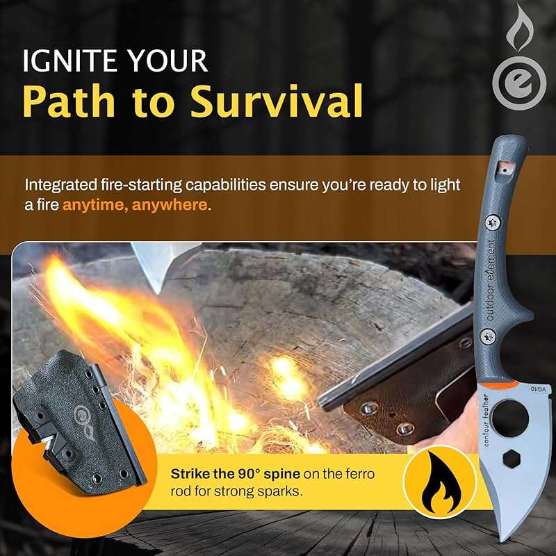 OUTDOOR ELEMENT Contour Feather Adventure Survival Knife - Fixed Blade, Hunting, Camping Knife with Fire Starter, Sharpener, Whistle, Hex Driver, Sheath - Full Tang, VG10 Steel, Belt Clip - Image 4