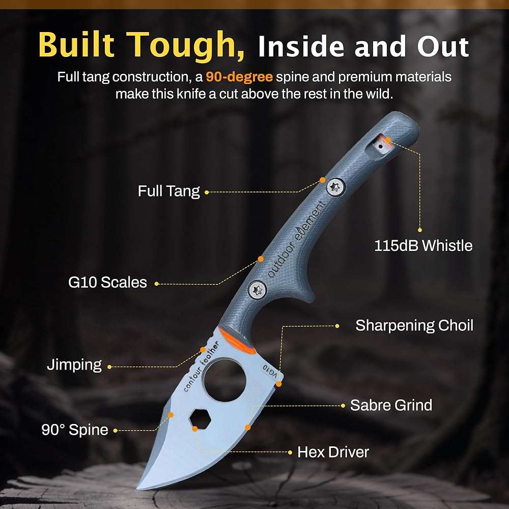 OUTDOOR ELEMENT Contour Feather Adventure Survival Knife - Fixed Blade, Hunting, Camping Knife with Fire Starter, Sharpener, Whistle, Hex Driver, Sheath - Full Tang, VG10 Steel, Belt Clip - Image 5