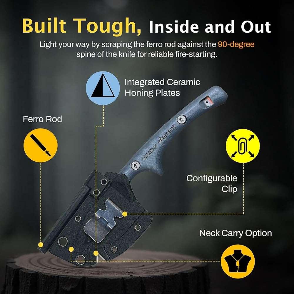 OUTDOOR ELEMENT Contour Feather Adventure Survival Knife - Fixed Blade, Hunting, Camping Knife with Fire Starter, Sharpener, Whistle, Hex Driver, Sheath - Full Tang, VG10 Steel, Belt Clip - Image 6