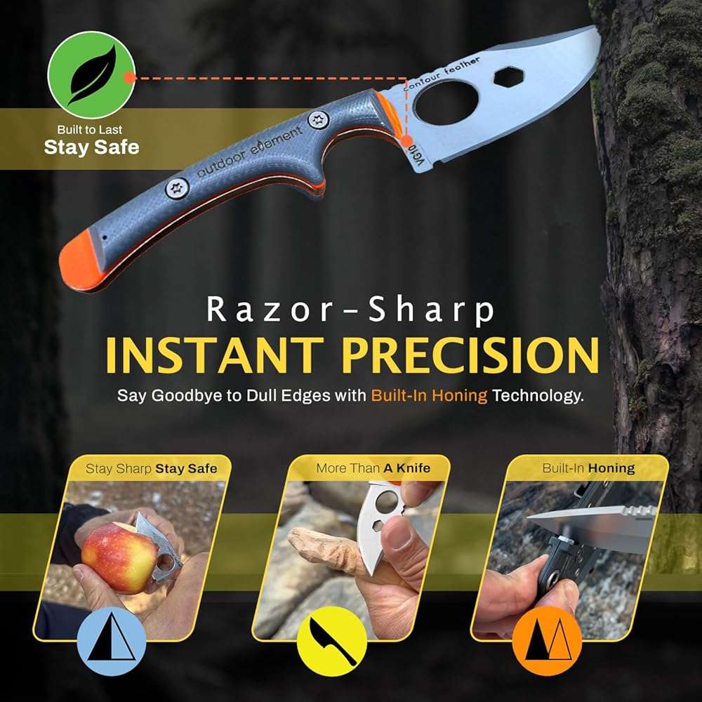 OUTDOOR ELEMENT Contour Feather Adventure Survival Knife - Fixed Blade, Hunting, Camping Knife with Fire Starter, Sharpener, Whistle, Hex Driver, Sheath - Full Tang, VG10 Steel, Belt Clip - Image 7