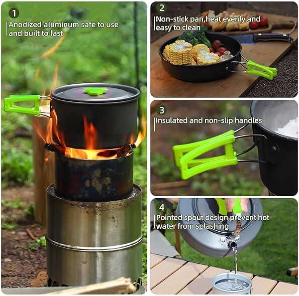 aiGear 3pcs Camping Cookware Mess Kit, Non-Stick Camping Pan Pot Kettle, Lightweight Aluminum, Collapsible Portable Camping Cooking Set for Outdoor Cooking Hiking Picnic - Image 3