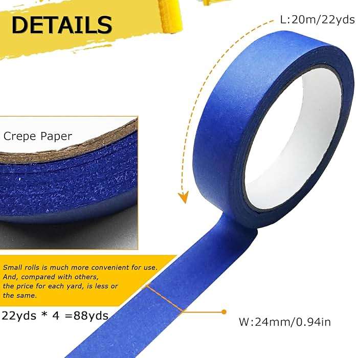 4 Rolls Premium Painters Tape, Blue Tape, Masking Tape, Paint Tape for Multi-Purpose, Painting, Painter's, DIY Crafts Arts (88yd =0.94IN*22yd*4) Decoration Labeling No Residue, Easy Removal - Image 2