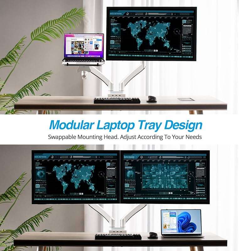 AVLT Dual 17”-43" Monitor Arm Desk Mount with 15" Laptop Tray and USB-C&A Docking Station 5Gbps, HDMI 4K60Hz, Ethernet, 100W PD, Fits Two Flat/Curved Monitor - White - Image 2