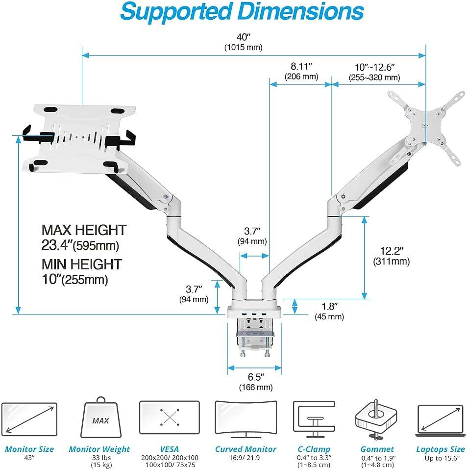 AVLT Dual 17”-43" Monitor Arm Desk Mount with 15" Laptop Tray and USB-C&A Docking Station 5Gbps, HDMI 4K60Hz, Ethernet, 100W PD, Fits Two Flat/Curved Monitor - White - Image 4