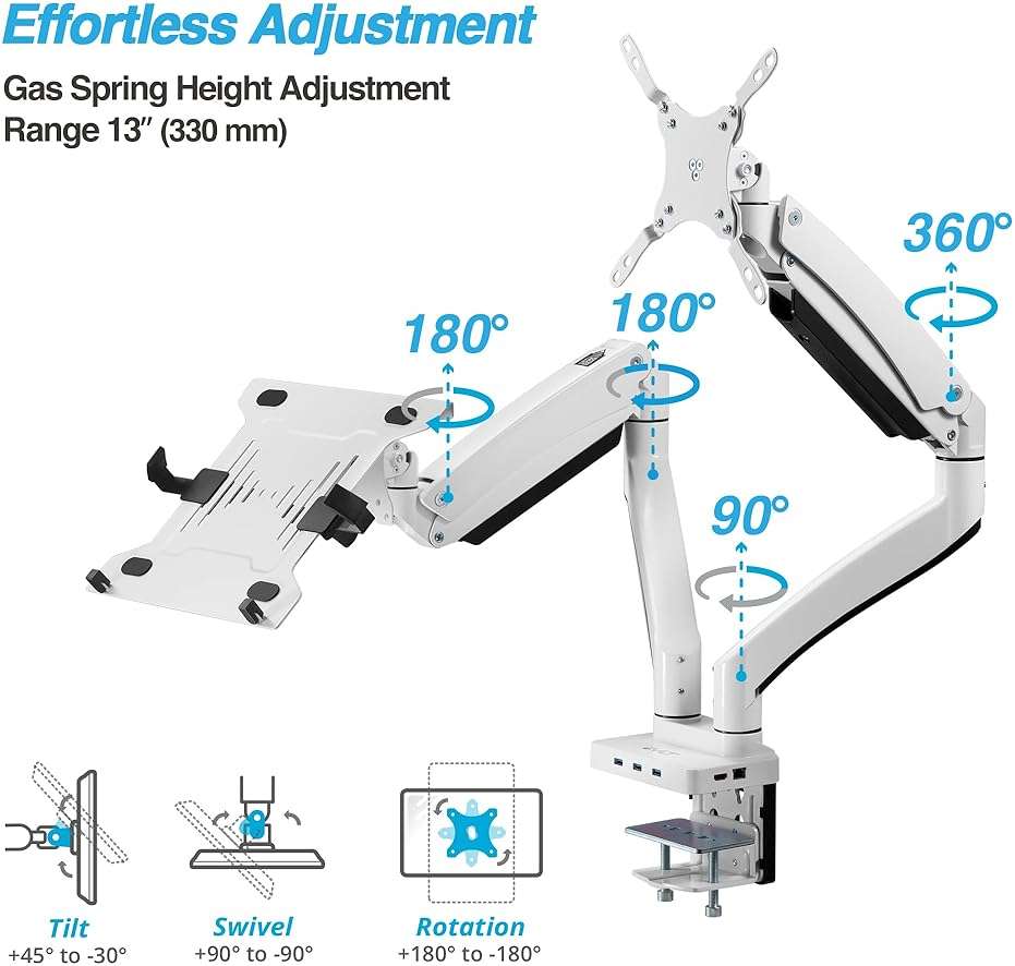 AVLT Dual 17”-43" Monitor Arm Desk Mount with 15" Laptop Tray and USB-C&A Docking Station 5Gbps, HDMI 4K60Hz, Ethernet, 100W PD, Fits Two Flat/Curved Monitor - White - Image 5