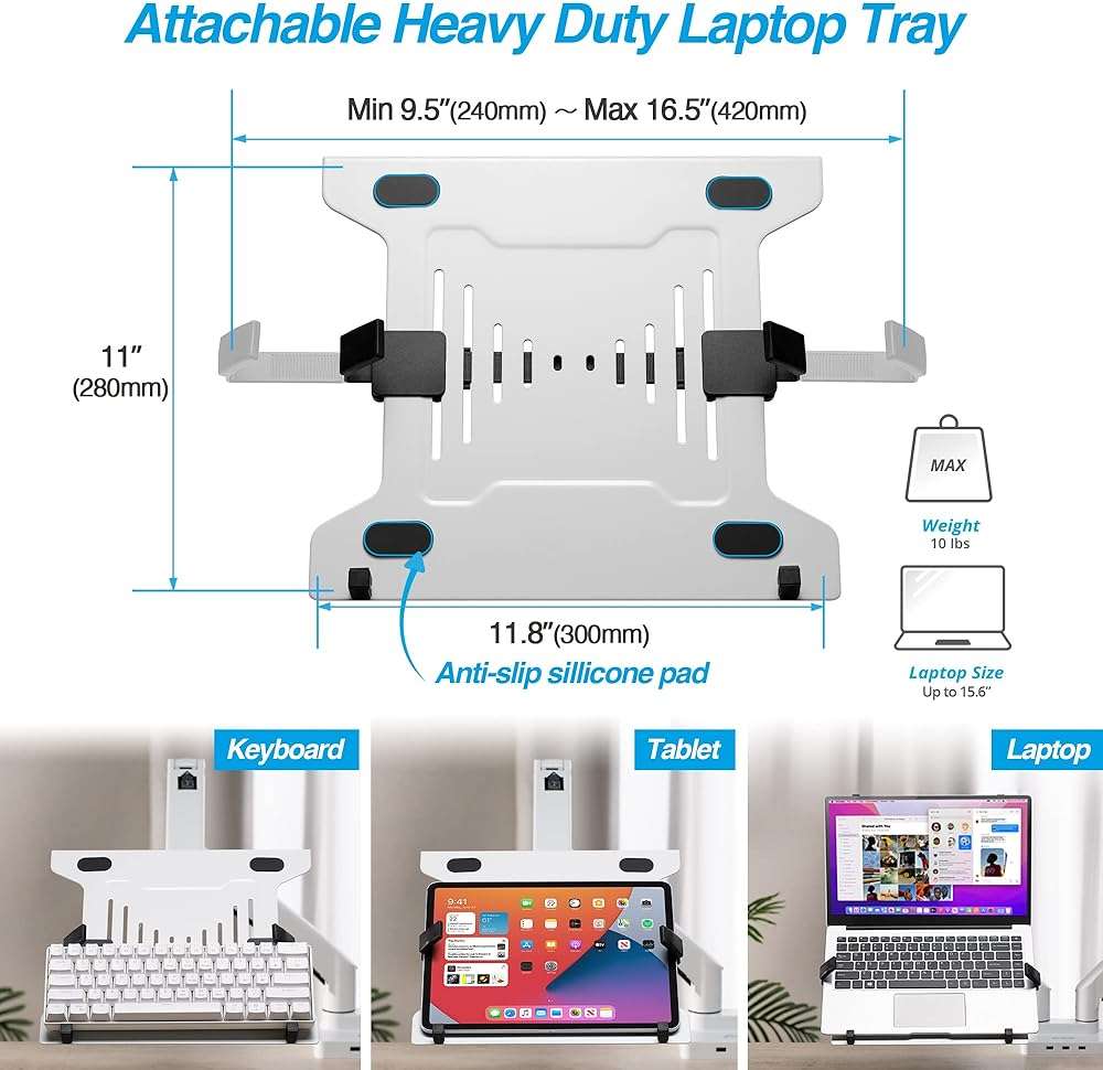 AVLT Dual 17”-43" Monitor Arm Desk Mount with 15" Laptop Tray and USB-C&A Docking Station 5Gbps, HDMI 4K60Hz, Ethernet, 100W PD, Fits Two Flat/Curved Monitor - White - Image 6