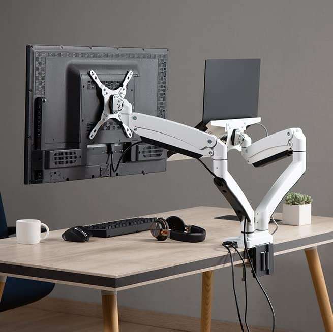 AVLT Dual 17”-43" Monitor Arm Desk Mount with 15" Laptop Tray and USB-C&A Docking Station 5Gbps, HDMI 4K60Hz, Ethernet, 100W PD, Fits Two Flat/Curved Monitor - White - Image 7