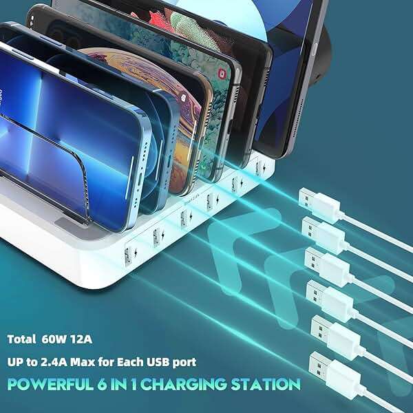 Charging Station for Multiple Devices,60W 6 Port Charger Station with 7 Mixed Charging Cables,USB Charging Dock,Compatible with Cellphone,Tablet, Kindle, iPhone iPad and More (White) - Image 2