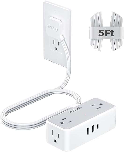 TESSAN Flat Plug Extension Cord 5 FT, Surge Protector Power Strip with 4 AC Outlets 1 USB C and 2 USB A Ports, 900 Joules Protection, Multiple Wall Outlet Extender Suitable for Office Dorm, Grey - Image 1