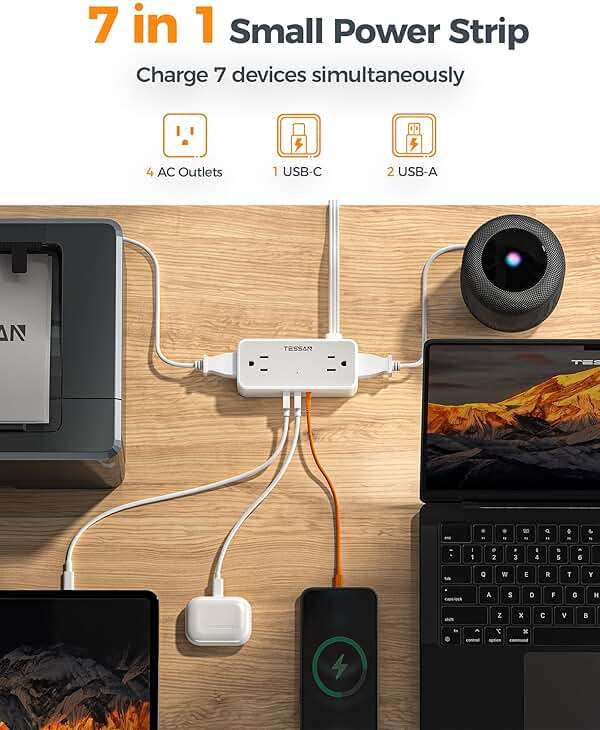 TESSAN Flat Plug Extension Cord 5 FT, Surge Protector Power Strip with 4 AC Outlets 1 USB C and 2 USB A Ports, 900 Joules Protection, Multiple Wall Outlet Extender Suitable for Office Dorm, Grey - Image 2