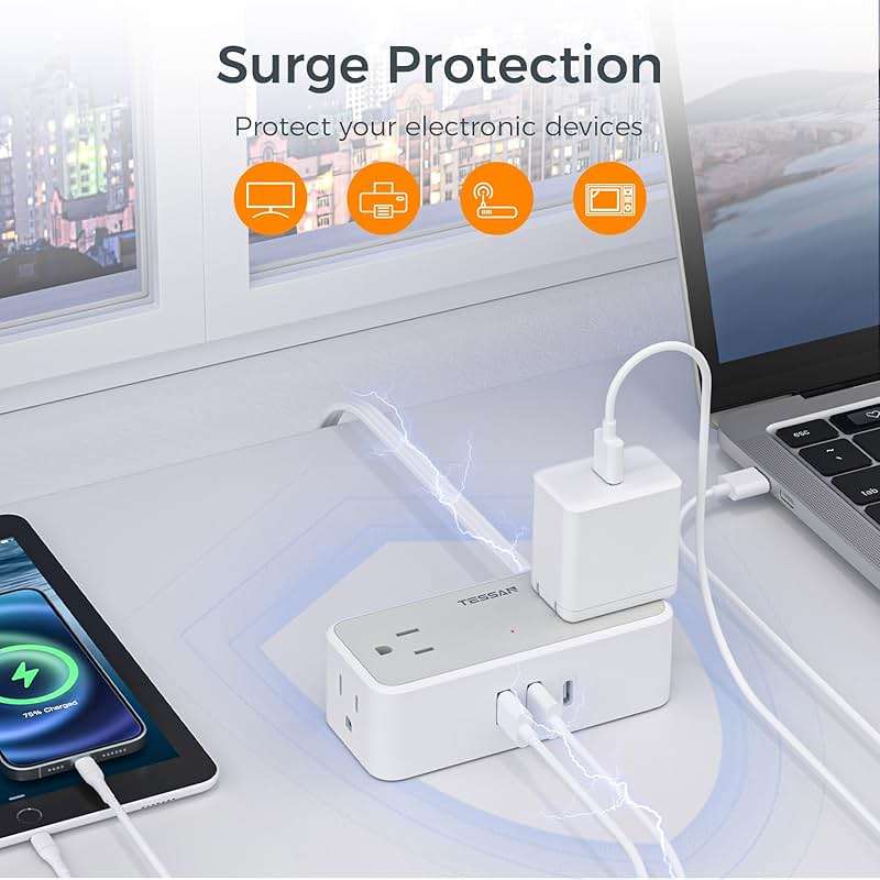 TESSAN Flat Plug Extension Cord 5 FT, Surge Protector Power Strip with 4 AC Outlets 1 USB C and 2 USB A Ports, 900 Joules Protection, Multiple Wall Outlet Extender Suitable for Office Dorm, Grey - Image 4