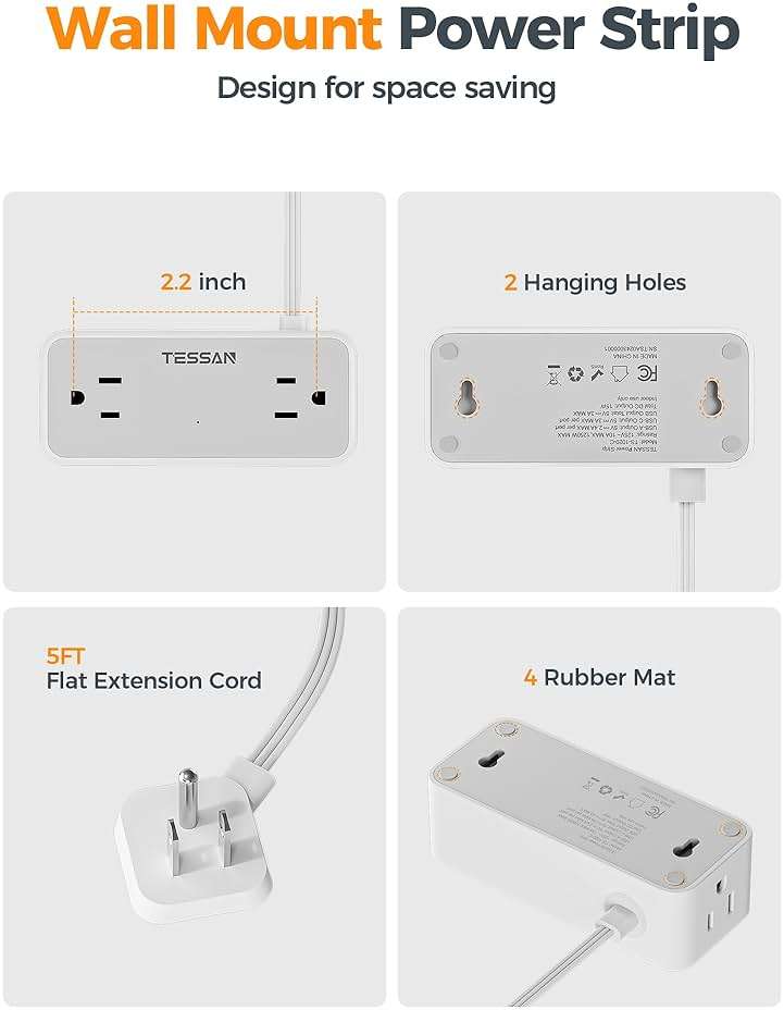 TESSAN Flat Plug Extension Cord 5 FT, Surge Protector Power Strip with 4 AC Outlets 1 USB C and 2 USB A Ports, 900 Joules Protection, Multiple Wall Outlet Extender Suitable for Office Dorm, Grey - Image 7