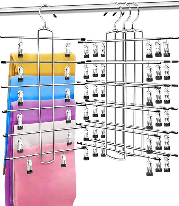 3 Pack Closet Organizers and Storage,6 Tiers Skirt Pants Hangers with Clips Space Saving for Home Organization and Storage,College Dorm Room Essentials for Girls Guys,Wardrobe Clothes Organizer - Image 1