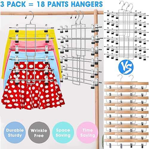3 Pack Closet Organizers and Storage,6 Tiers Skirt Pants Hangers with Clips Space Saving for Home Organization and Storage,College Dorm Room Essentials for Girls Guys,Wardrobe Clothes Organizer - Image 3