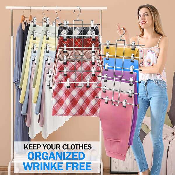 3 Pack Closet Organizers and Storage,6 Tiers Skirt Pants Hangers with Clips Space Saving for Home Organization and Storage,College Dorm Room Essentials for Girls Guys,Wardrobe Clothes Organizer - Image 4