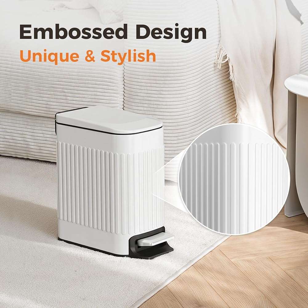 TrashAid Slim Bathroom Trash Can with Lid Soft Close, 6 Liter/1.6 Gallon Stainless Steel Small Garbage Can with Removable Inner Bucket, Step Pedal, Slim Wastebasket for Toilet, Office, Bedroom, White - Image 3