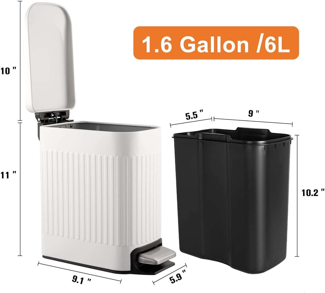 TrashAid Slim Bathroom Trash Can with Lid Soft Close, 6 Liter/1.6 Gallon Stainless Steel Small Garbage Can with Removable Inner Bucket, Step Pedal, Slim Wastebasket for Toilet, Office, Bedroom, White - Image 8