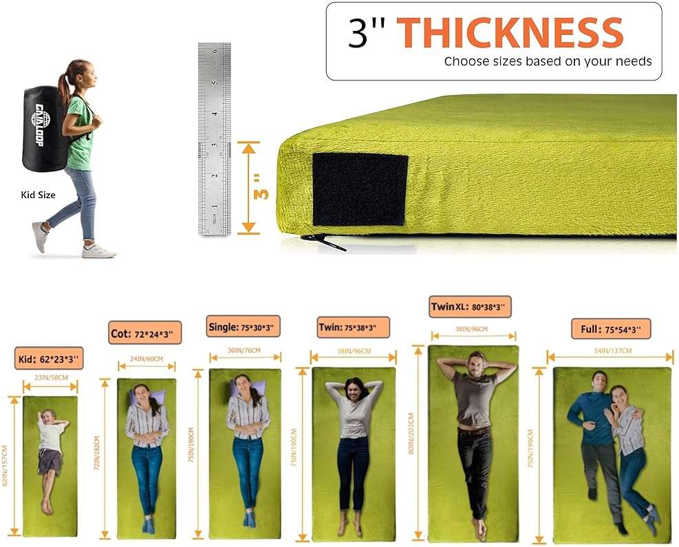 GAIALOOP 3 Inch Memory Foam Camping Mattress, Dual Layer Thick Sleeping Camp Pad for Car Tent Cot, Roll-Up Portable Glamping Floor Bed for Guests Sleepover - Image 2