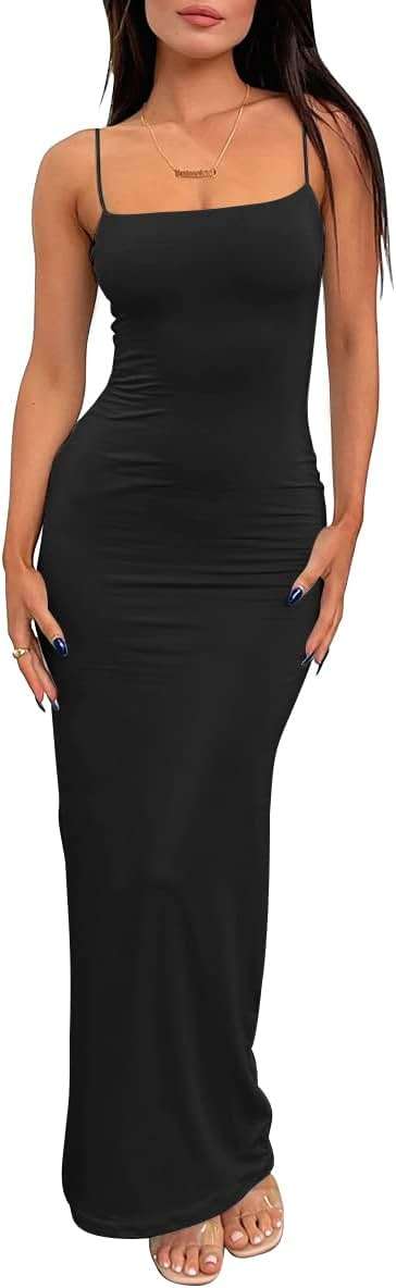 LILLUSORY Womens Summer Casual Slip Dresses Spaghetti Strap Double Lined Bodycon Maxi Dress - Image 1