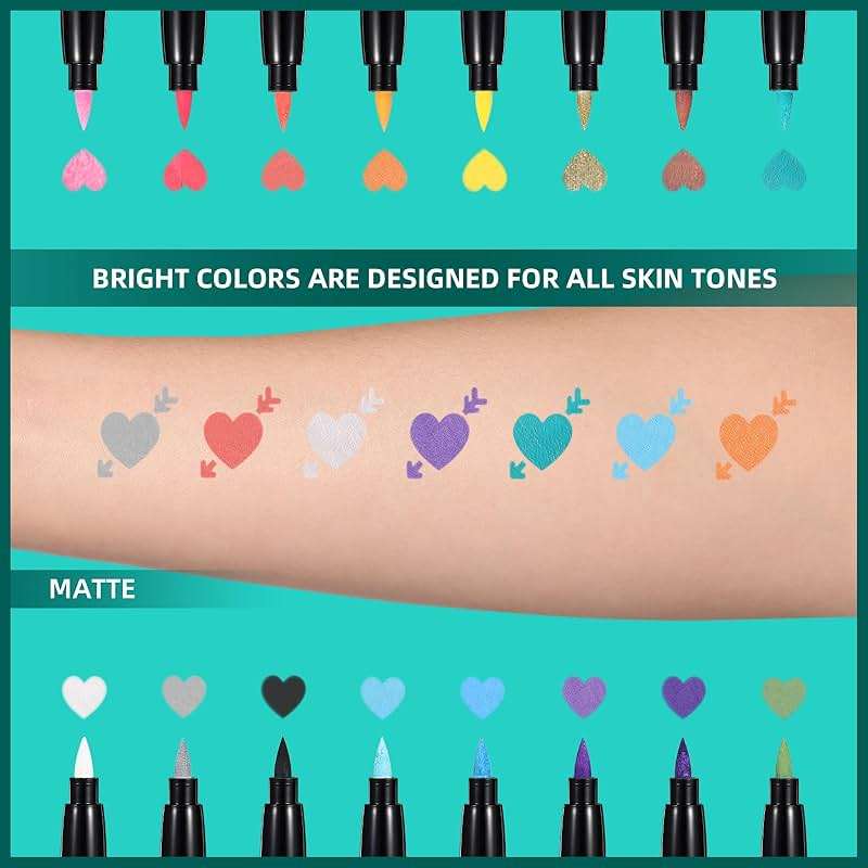 Anmmy Temporary Tattoo Markers for Skin, 16-Count Body Markers+77 Large Tattoo Stencils of Assorted Colors for kids and Adults, Flexible Brush Tip, Bright colors, Skin-Safe*, Cosmetic-Grade. - Image 5