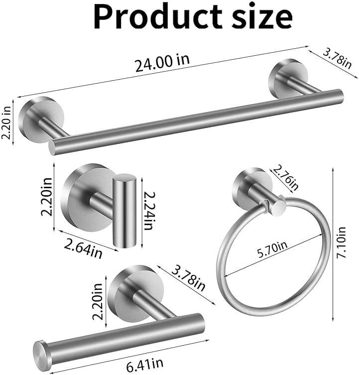 Hinmood Brushed Nickel Bathroom Hardware Set, 24 Inch Towel Bar Set 10 Pieces Bathroom Accessories Set Includes Includes 2 Packs 24 Inch Towel Bar, Towel Ring, Toilet Holder and 4 Packs Towel Hooks - Image 2