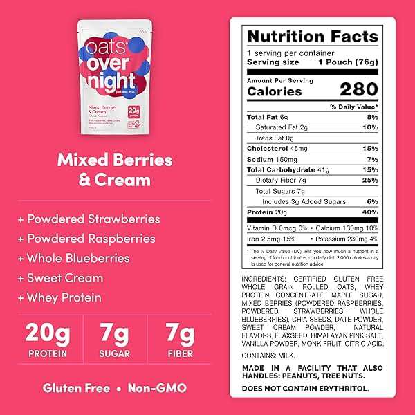 Oats Overnight Mixed Berries & Cream - Overnight Oats with 20g Protein, High Fiber Breakfast Protein Shake - Gluten Free Oatmeal, Non GMO High Protein Oatmeal (2.8 oz per meal) (8 Pack) - Image 2