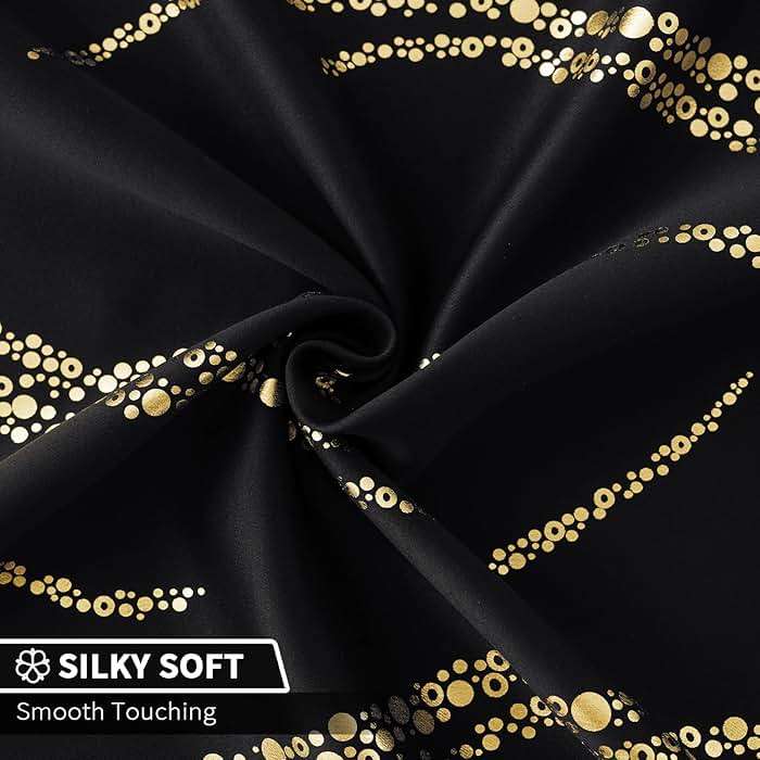 Yakamok Blackout Curtains for Livingroom - Wave Line with Dots Gold Print Design Noise Reducing Thermal Insulated Solid Ring Top Blackout Window Drapes for Livingroom (2 Panels, 52 x 84 Inch, Black) - Image 5