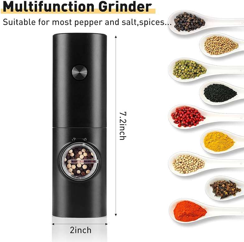 Gulex Electric Pepper Grinder or Salt Mill, Battery Powered Automatic Pepper Mill, Ceramic Grinder with Adjustable Coarseness, LED Light, One Hand Operation (1 pack) - Image 3